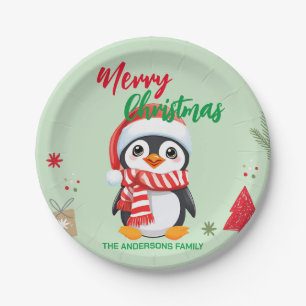 Niedlicher Weihnachtspinguin Santa Scarf Pappteller