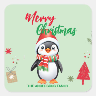 Niedlicher Weihnachtspinguin Santa Scarf Quadratischer Aufkleber