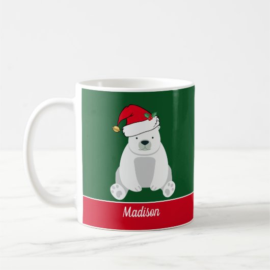 Niedlicher Weihnachtspolarbär in Weihnachtsmannmüt Kaffeetasse (Links)