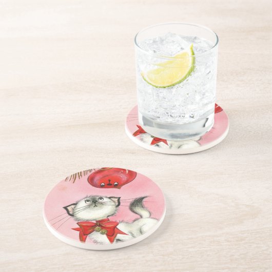 Niedlicher WeihnachtsRetro Vintag Kitten Katzenbau Getränkeuntersetzer (Seite)