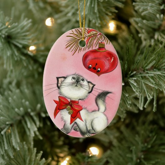 Niedlicher WeihnachtsRetro Vintag Kitten Katzenbau Keramik Ornament (Baum)