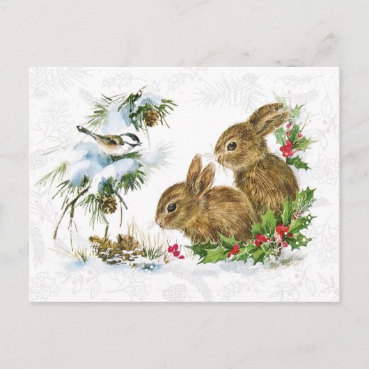 Niedlicher Weihnachtsschnee Bunny und Holly Postkarte (Vorderseite)