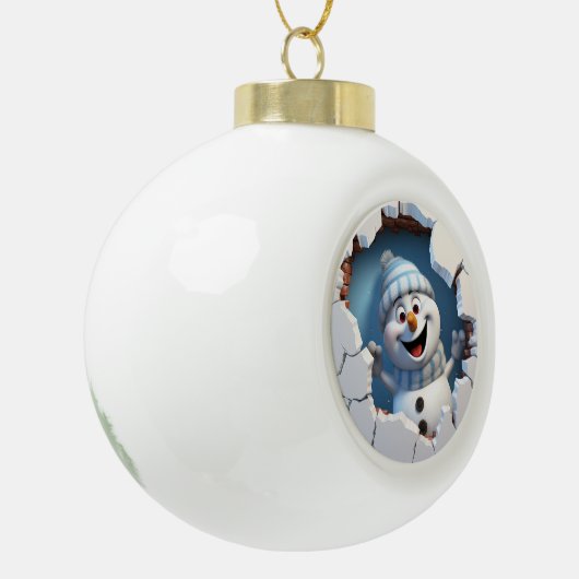 Niedlicher Weihnachtsschneemann durch die Mauer il Keramik Kugel-Ornament (Links)