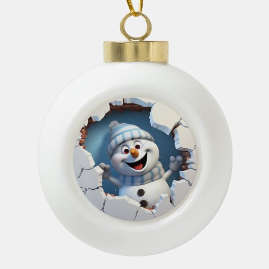 Niedlicher Weihnachtsschneemann durch die Mauer il Keramik Kugel-Ornament (Vorderseite)