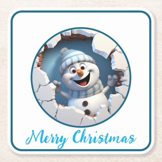 Niedlicher Weihnachtsschneemann durch die Mauer il Rechteckiger Pappuntersetzer (Vorderseite)