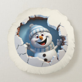 Niedlicher Weihnachtsschneemann durch die Mauer il Rundes Kissen