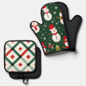Niedlicher Weihnachtsschneemann Ofenhandschuh & Topflappen-Set (Vorderseite/Rückseite)