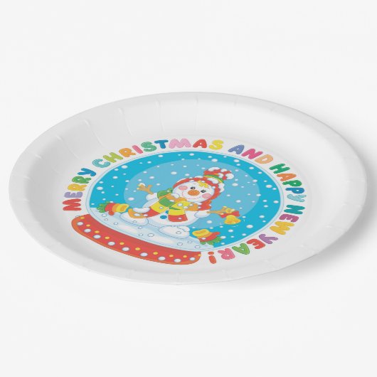 Niedlicher Weihnachtsschneemann Pappteller (Schrägansicht)