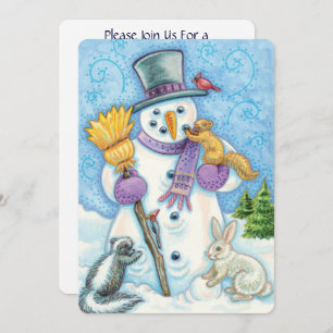Niedlicher Weihnachtsschneemann und Tiere Einladun Einladung