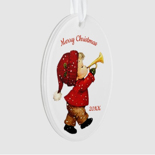 Niedlicher Weihnachtsspielzeugjunge mit Horn-Akryl Ornament (Vorderseite)