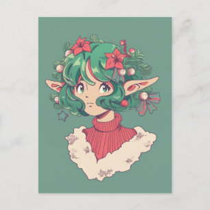 Niedlicher Weihnachtsurlaub Poinsettia Elf Anime G Feiertagspostkarte