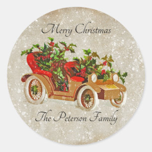 Niedlicher Weihnachtswagen mit Holly Beige Kraft Runder Aufkleber