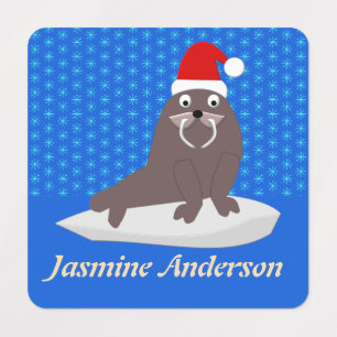 Niedlicher Weihnachtswalrus und Schneeflocken Etiketten