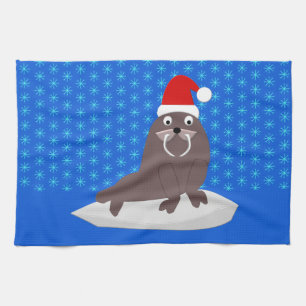 Niedlicher Weihnachtswalrus und Schneeflocken Geschirrtuch