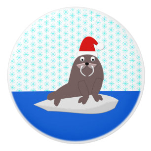 Niedlicher Weihnachtswalrus und Schneeflocken Keramikknauf