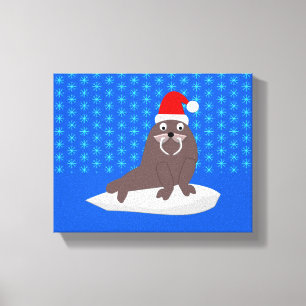 Niedlicher Weihnachtswalrus und Schneeflocken Leinwanddruck