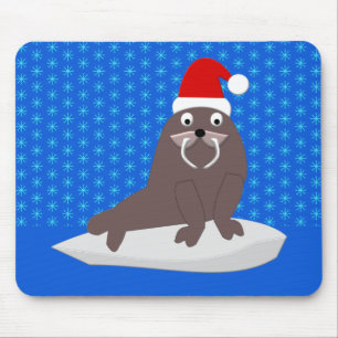 Niedlicher Weihnachtswalrus und Schneeflocken Mousepad