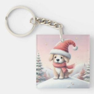 Niedlicher Weihnachtswelpen in der Weihnachtsmannm Schlüsselanhänger
