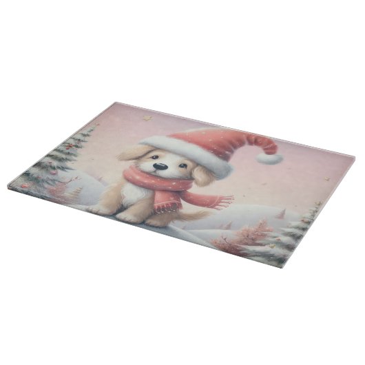 Niedlicher Weihnachtswelpen in der Weihnachtsmannm Schneidebrett (Ecke)