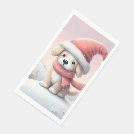 Niedlicher Weihnachtswelpen in der Weihnachtsmannm Serviette (Ecke)