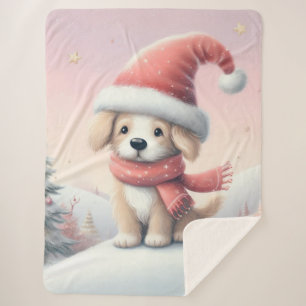 Niedlicher Weihnachtswelpen in der Weihnachtsmannm Sherpadecke