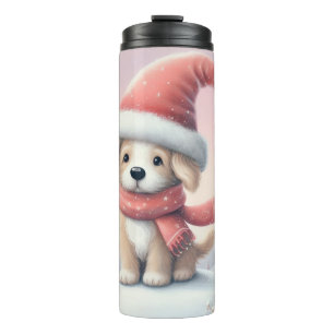 Niedlicher Weihnachtswelpen in der Weihnachtsmannm Thermosbecher