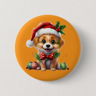 Niedlicher Weihnachtswelpen mit Weihnachtsmannmütz Button
