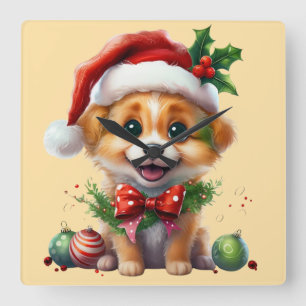 Niedlicher Weihnachtswelpen mit Weihnachtsmannmütz Quadratische Wanduhr