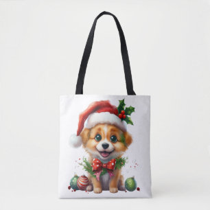 Niedlicher Weihnachtswelpen mit Weihnachtsmannmütz Tasche