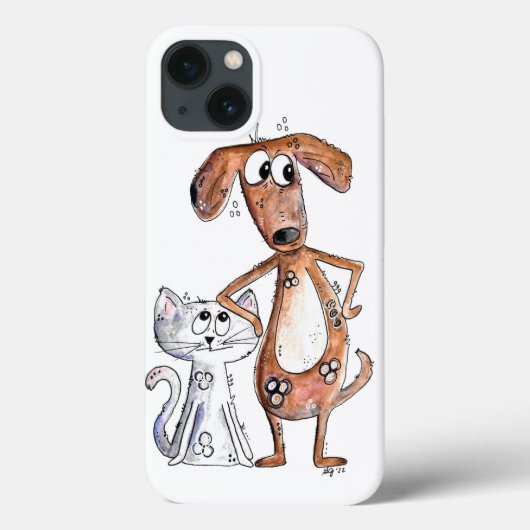 Niedlicher, weißbrauner Hund und graue Katze Case-Mate iPhone Hülle (Rückseite)