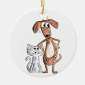 Niedlicher, weißbrauner Hund und graue Katze Keramik Ornament (Vorne)