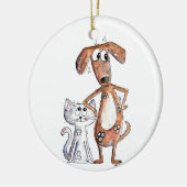 Niedlicher, weißbrauner Hund und graue Katze Keramik Ornament (Links)