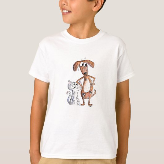 Niedlicher, weißbrauner Hund und graue Katze T-Shirt (Vorderseite)