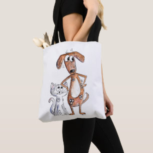 Niedlicher, weißbrauner Hund und graue Katze Tasche