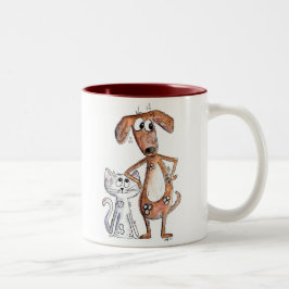Niedlicher, weißbrauner Hund und graue Katze Zweifarbige Tasse