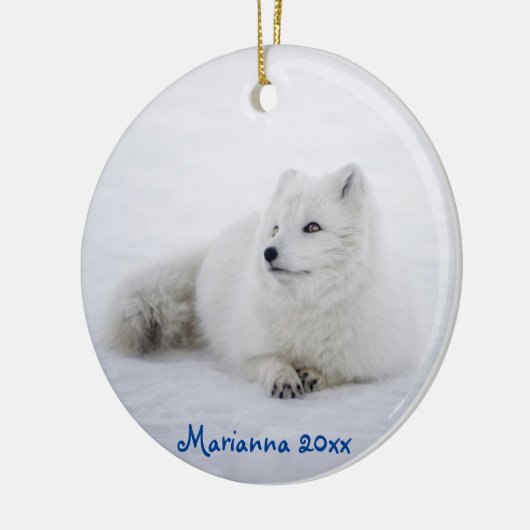 Niedlicher weißer arktischer Fox im Schnee Keramik Ornament (Links)
