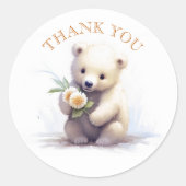 Niedlicher weißer Bär mit Blume Danke Runder Aufkleber (Vorderseite)
