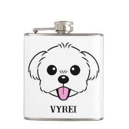 Niedlicher weißer Bichon Frise Hund klebt Zunge he Flachmann