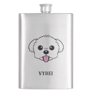 Niedlicher weißer Bichon Frise Hund klebt Zunge he Flachmann