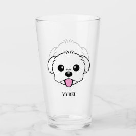 Niedlicher weißer Bichon Frise Hund klebt Zunge he Glas