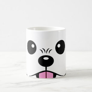 Niedlicher weißer Bichon Frise Hund klebt Zunge he Kaffeetasse