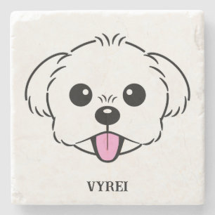 Niedlicher weißer Bichon Frise Hund klebt Zunge he Steinuntersetzer