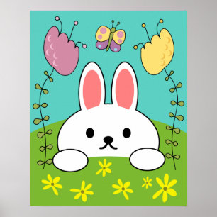 Niedlicher weißer Cartoon-Hasenkaninchen Poster
