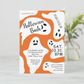 Niedlicher, weißer Geisterorange, lila Halloween-B Einladung (Stehend Vorderseite)
