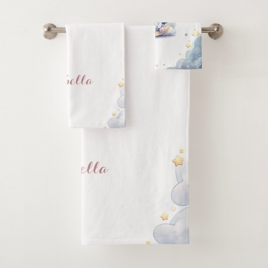 Niedlicher weißer Hase auf dem Mond Badhandtuch Set (Insitu)