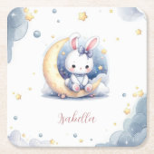 niedlicher weißer Hase auf dem Mond Rechteckiger Pappuntersetzer (Vorderseite)