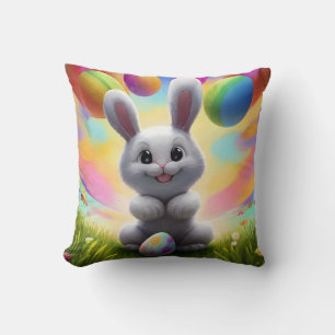 Niedlicher weißer Hase mit Ostereiern Kissen