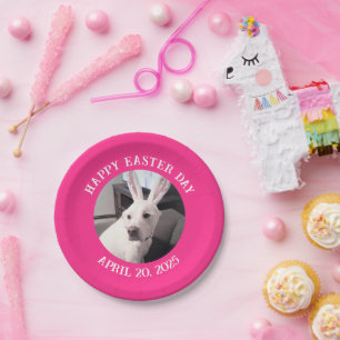 Niedlicher Weißer Hund Ostersonnige Ohren Hot Pink Pappteller