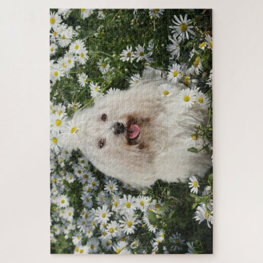 Niedlicher weißer Hund Sitzender Frühlingsblütenga Puzzle (Vertikal)