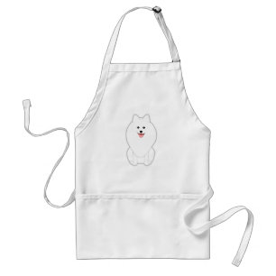 Niedlicher weißer Hund. Spitz oder Pomeranian. Schürze